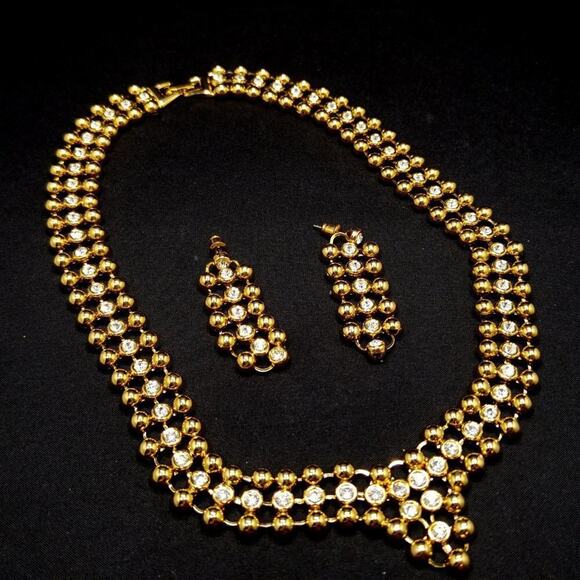 Rhinestone Choker Necklace Post Earrings Set, Light Weight Gold Tone, 18 Inches - Picture 5 of 7